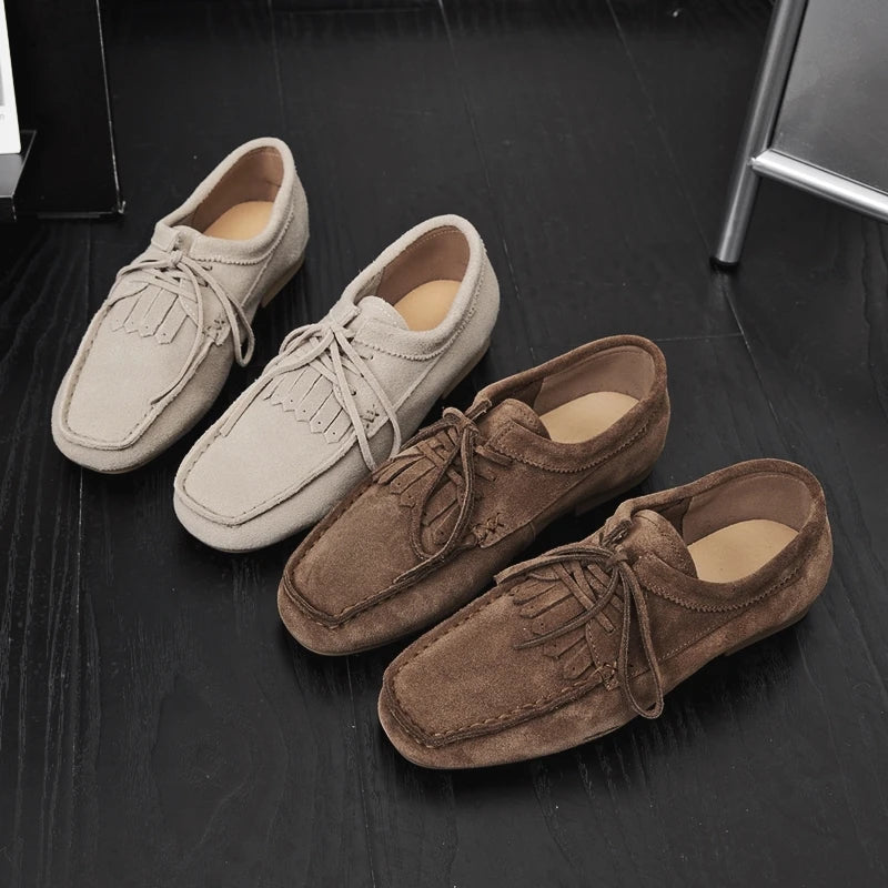 Women’s Genuine Cow Suede Loafers – Square Toe Flat Shoes