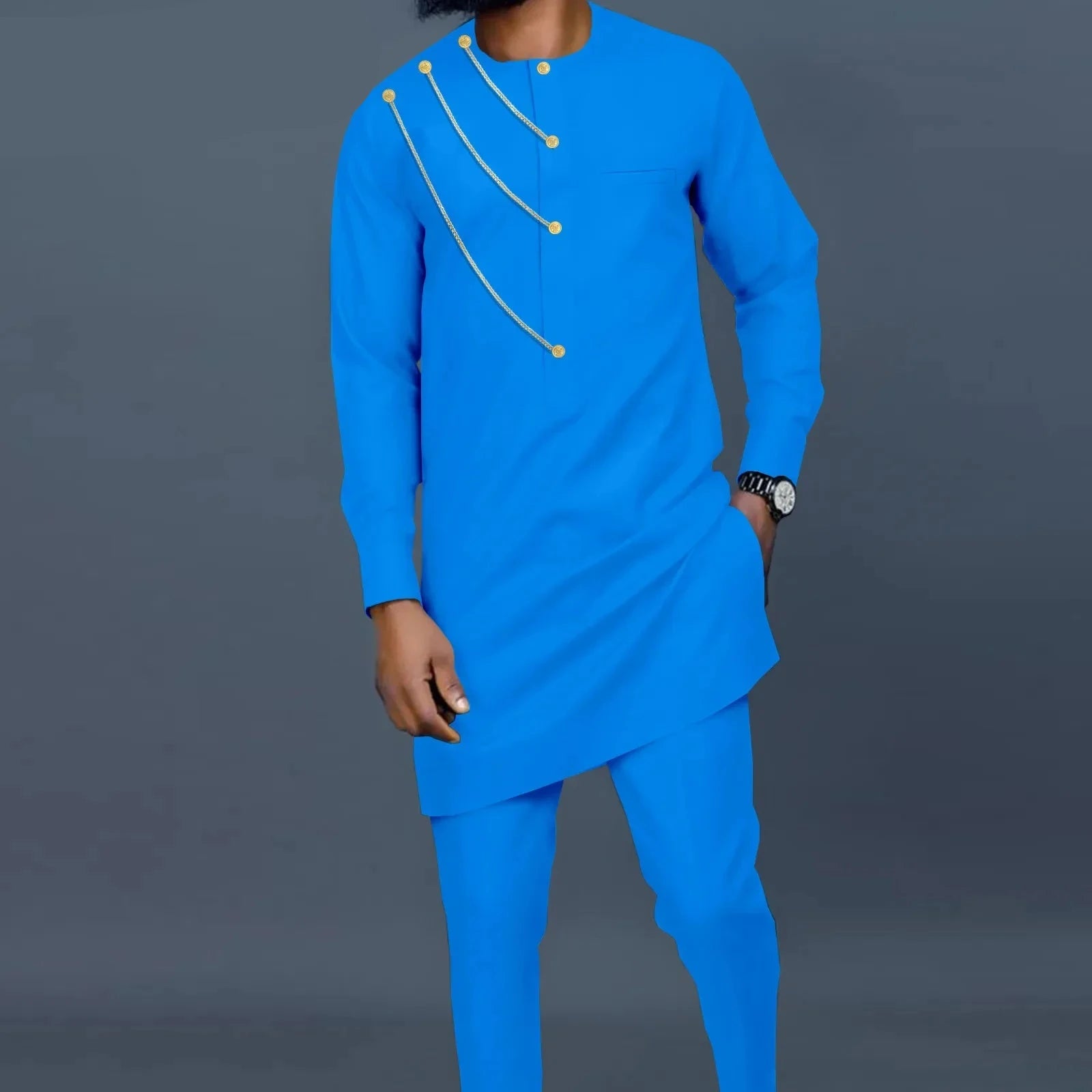 African Single Breasted Shirt with Chain Detail and Pants Men’s 2-Piece Bazin Riche Set