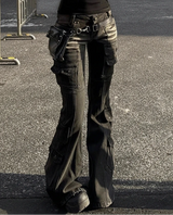 Black Low-Waist Cargo Jeans for Women | 2000s Distressed Whiskers Bootcut Pants