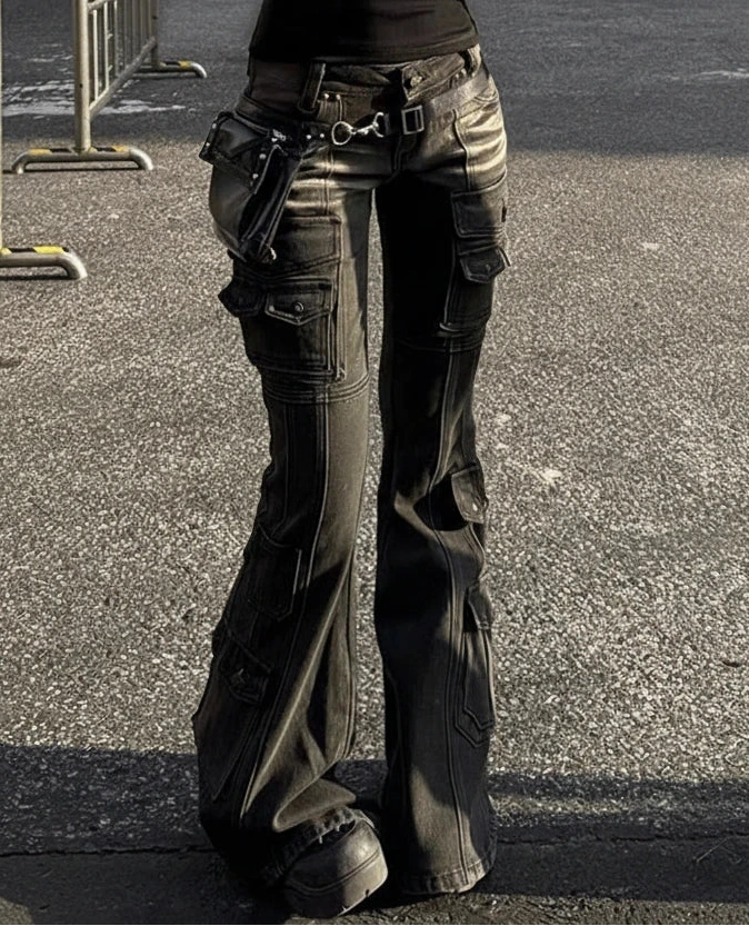 Black Low-Waist Cargo Jeans for Women | 2000s Distressed Whiskers Bootcut Pants