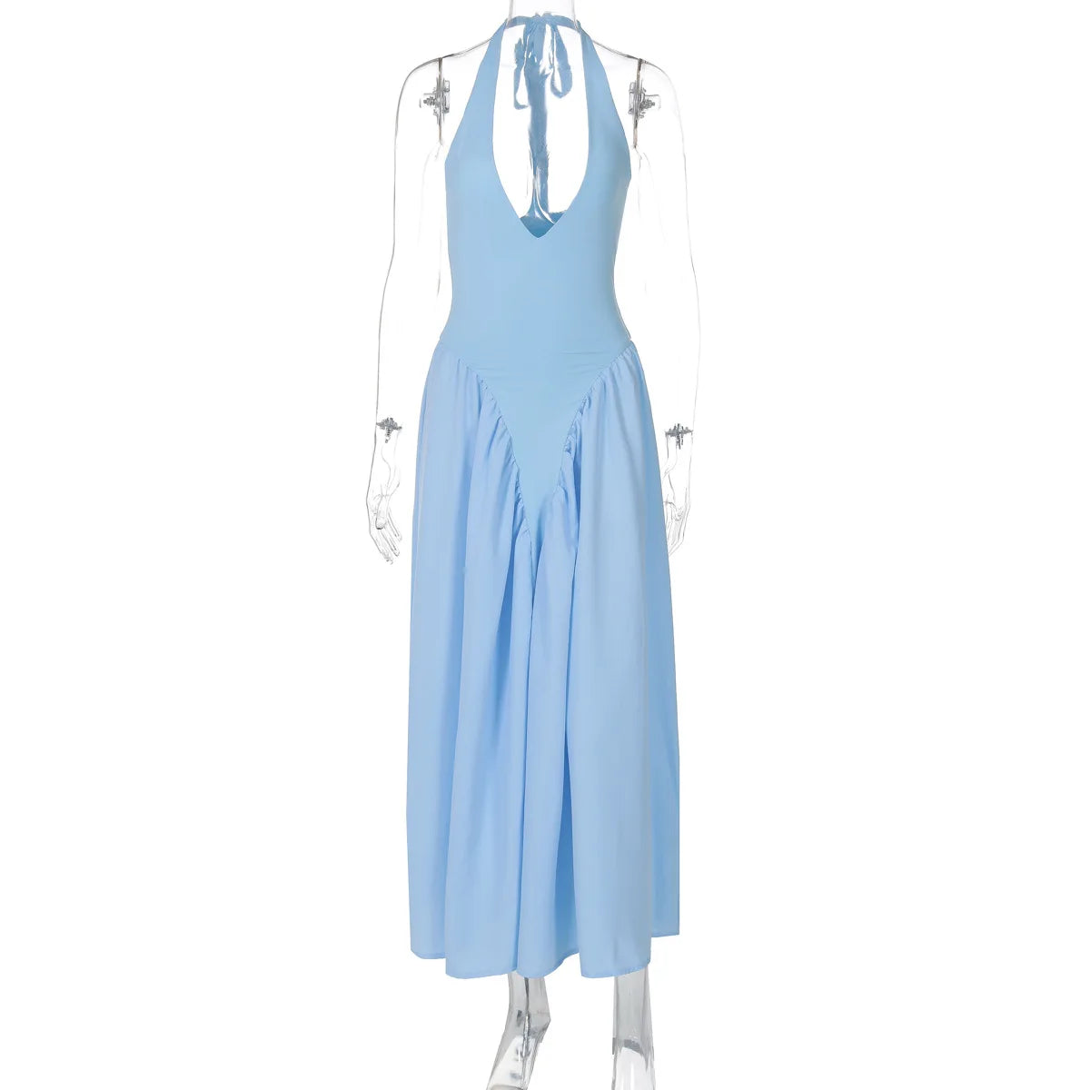 Women’s Sexy Backless Deep V-Neck Maxi Dress – Spliced Halter Sleeveless Dress