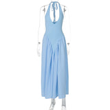 Women’s Sexy Backless Deep V-Neck Maxi Dress – Spliced Halter Sleeveless Dress