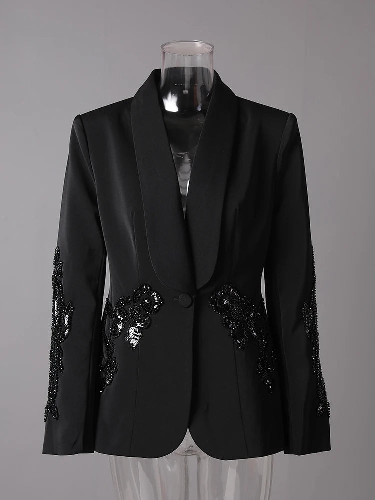 Damen Blazer mit Mesh-Einsätzen und Nagelkette & Chiffonhose mit hoher Taille