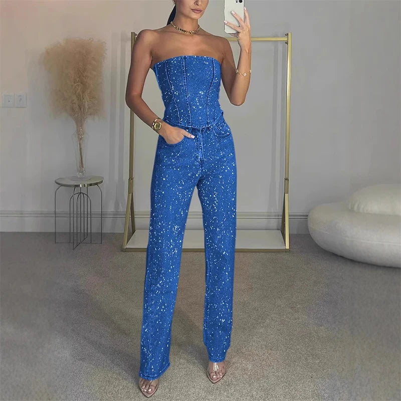 Damen sexy glänzendes Pailletten-Zweiteiler-Set – trägerloses Bandeau-Crop-Top & hochtaillierte Skinny-Hose