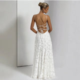 Women's Spaghetti Strap Evening Floral Jacquard Maxi Dress