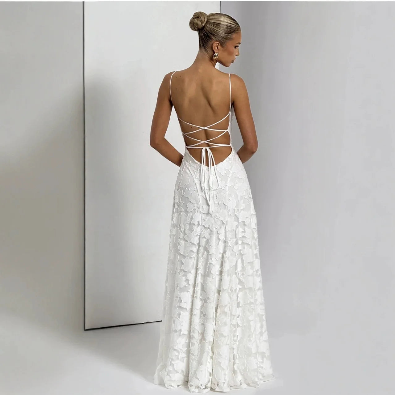 Women's Spaghetti Strap Evening Floral Jacquard Maxi Dress