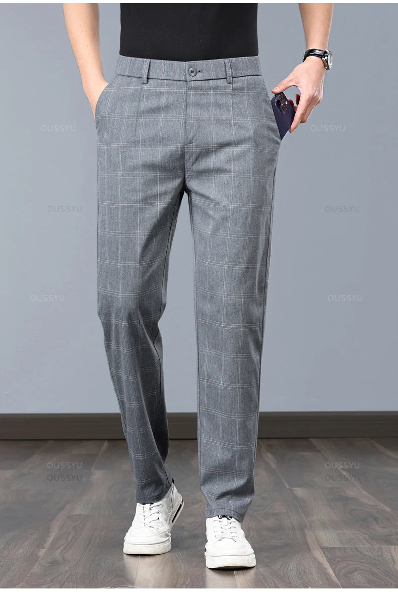 Klassische Herren-Arbeitshose mit Karomuster – Slim Fit Stretch-Businesshose