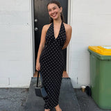 Elegantes langes Damenkleid mit Polka Dots und Neckholder – sexy, trägerloses, rückenfreies Schnürkleid