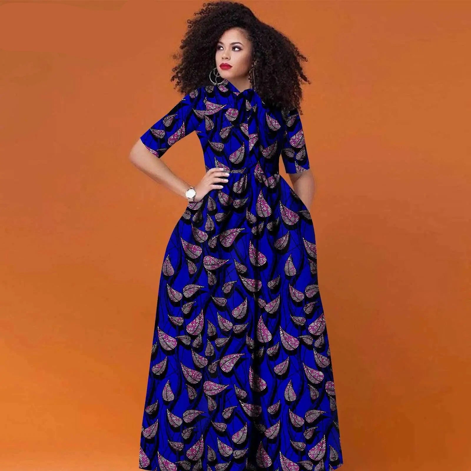 Afrikanisches Ankara Maxikleid für Damen | Halbarm High Waist Kleid mit traditionellem Print