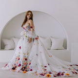 Floral Embroidery Puff Sleeve Prom Dress | Tulle Bridal & Party Gown