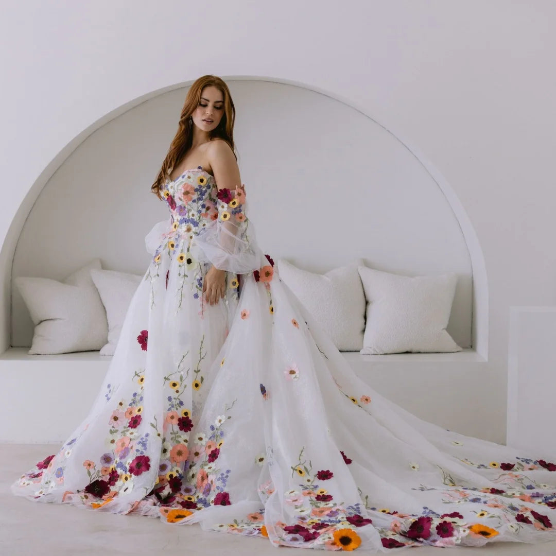 Floral Embroidery Puff Sleeve Prom Dress | Tulle Bridal & Party Gown