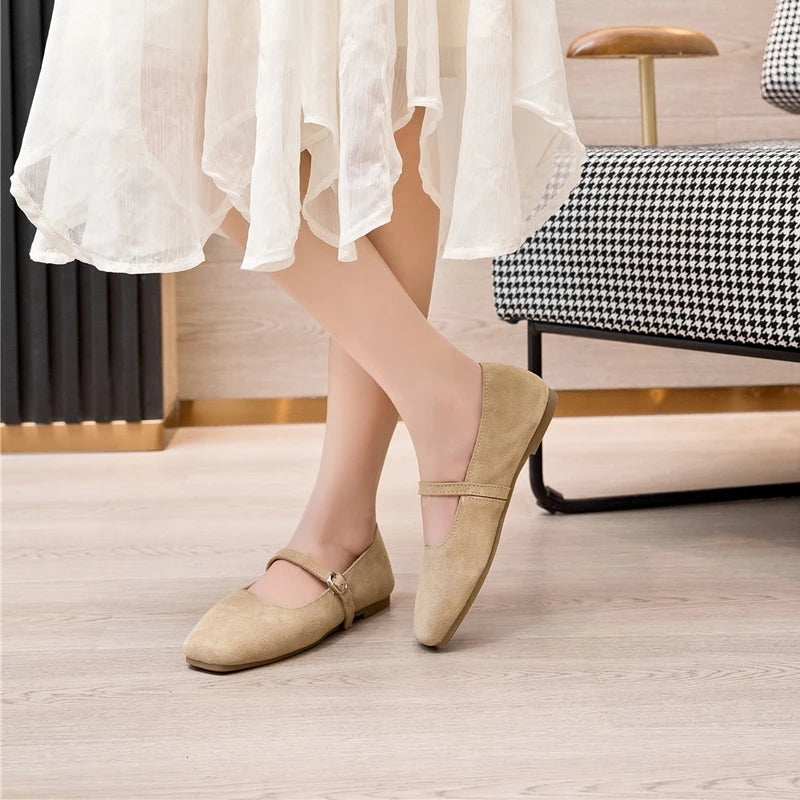 Women’s Genuine Leather Mary Jane Shoes – Square Toe Ballet Flats