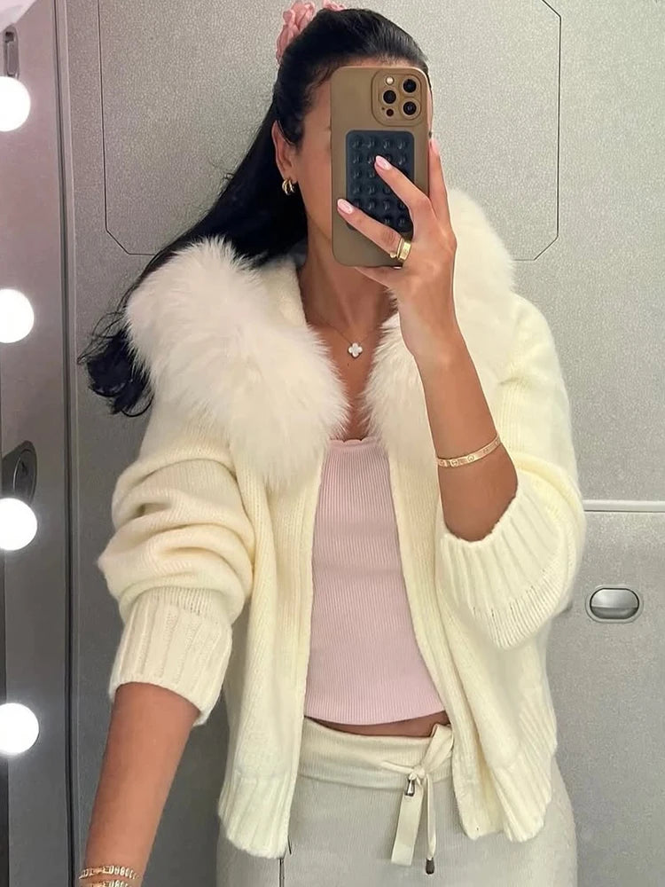 Women’s Winter Fluffy Hoodie Cardigan – Zipper Patchwork Knit Jacket