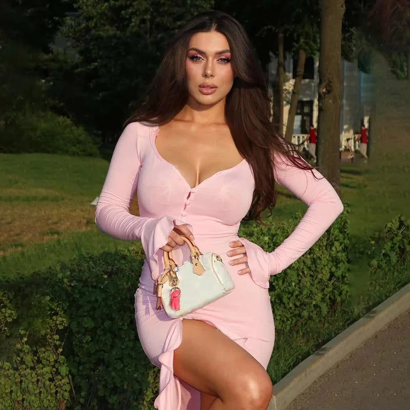 Damen sexy Partykleid mit tiefem V-Ausschnitt, hohem Schlitz, Rüschen und ausgestellten Ärmeln, einreihig