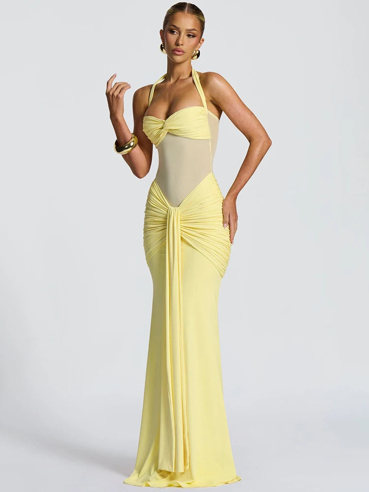 Sexy Halter Backless Maxi Dress – Women’s Patchwork Off-Shoulder Bodycon