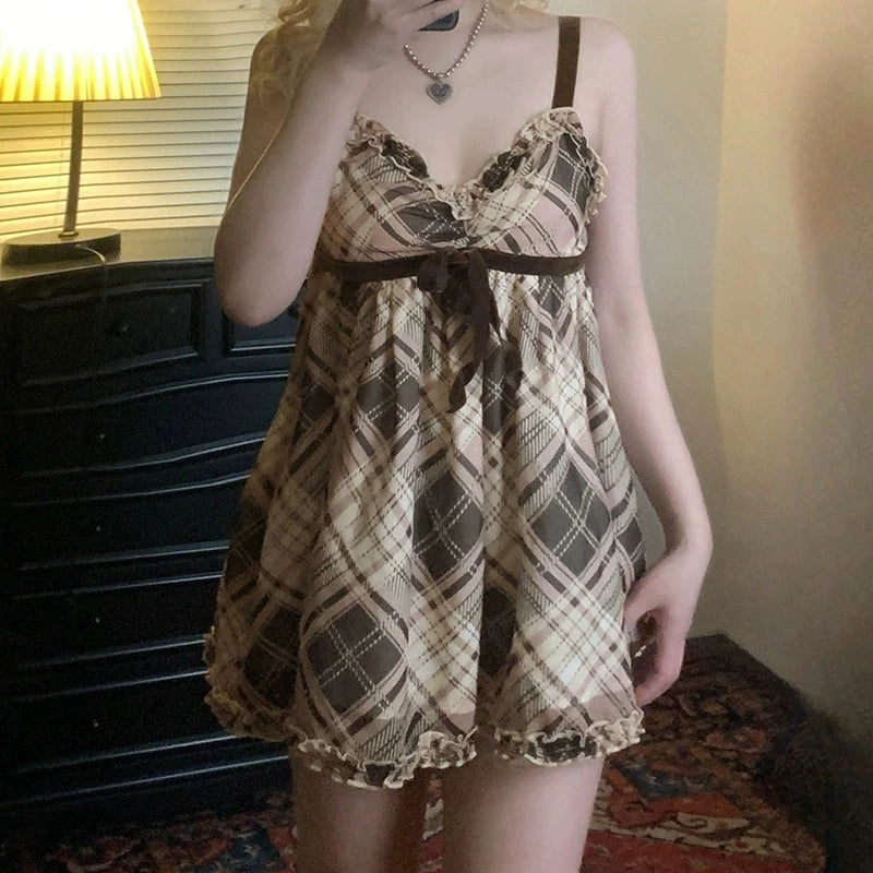 Y2K Schleifen-Kontrast-Karierter Tanktop | Vintage Ärmellose V-Ausschnitt Camisole