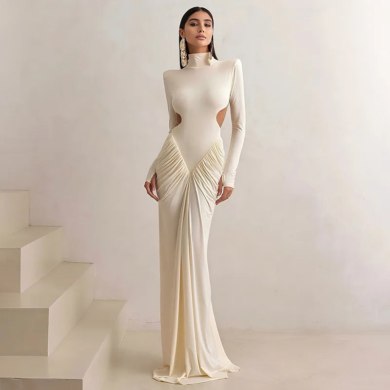 Sexy rückenfreies Rollkragen-Maxikleid – Damen Abendkleid Langarm Party