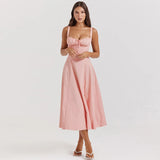 Women's Elegant Pink Lace-Up Midi Dress