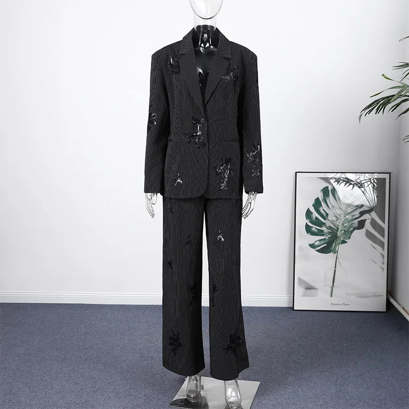 Women’s Chic Sequin Blazer Set – Elegant Lapel Stripe 2-Piece Suit