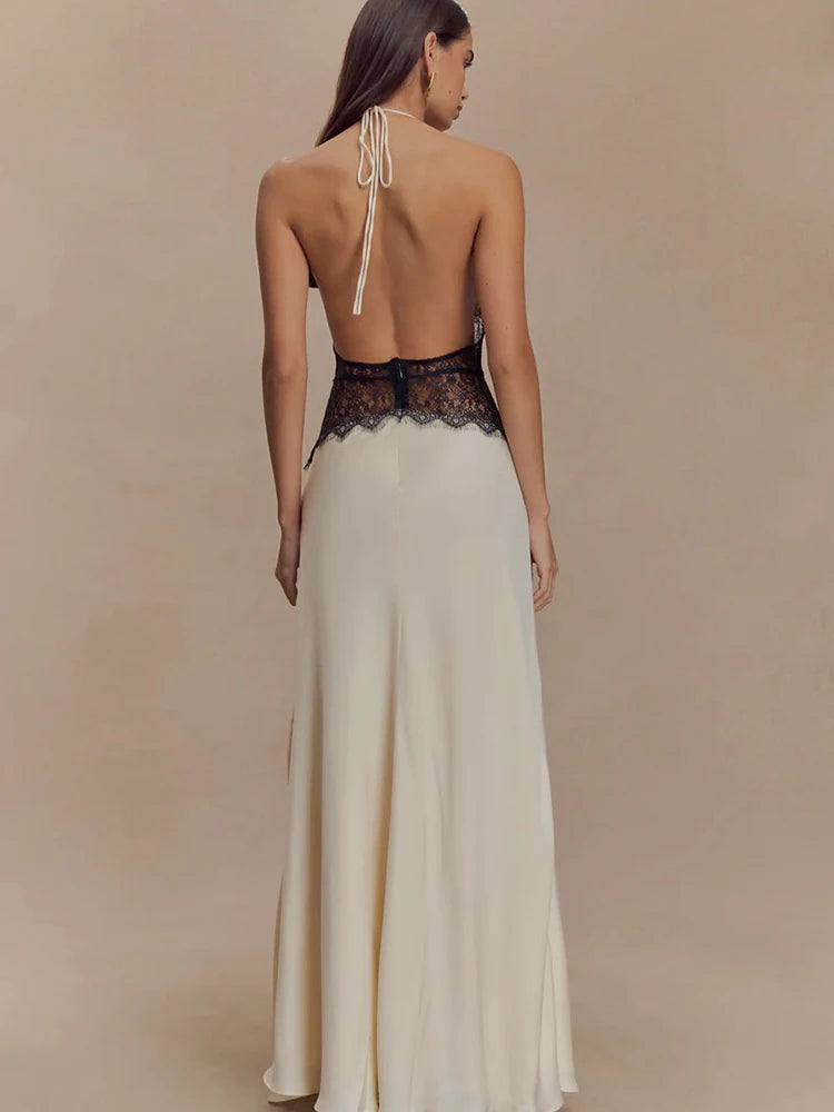 Women’s Sexy Deep Neck Lace Halter Maxi Dress – Backless Patchwork Evening Gown