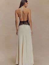 Women’s Sexy Deep Neck Lace Halter Maxi Dress – Backless Patchwork Evening Gown