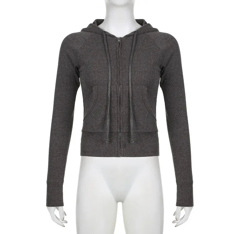 Grunge 2000er Ripp-Kapuzenpullover mit Reißverschluss | Y2K Vintage Kapuzen-Sweatshirt für Damen