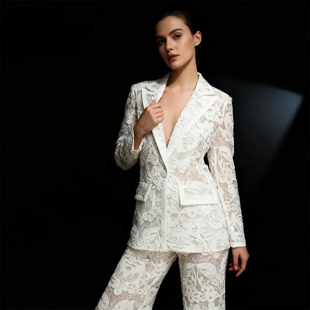 Women's Mesh Lace Suit Set – 2-Piece Slim Fit Sequin Tuxedo – Shiny Formal Business Blazer & Pants