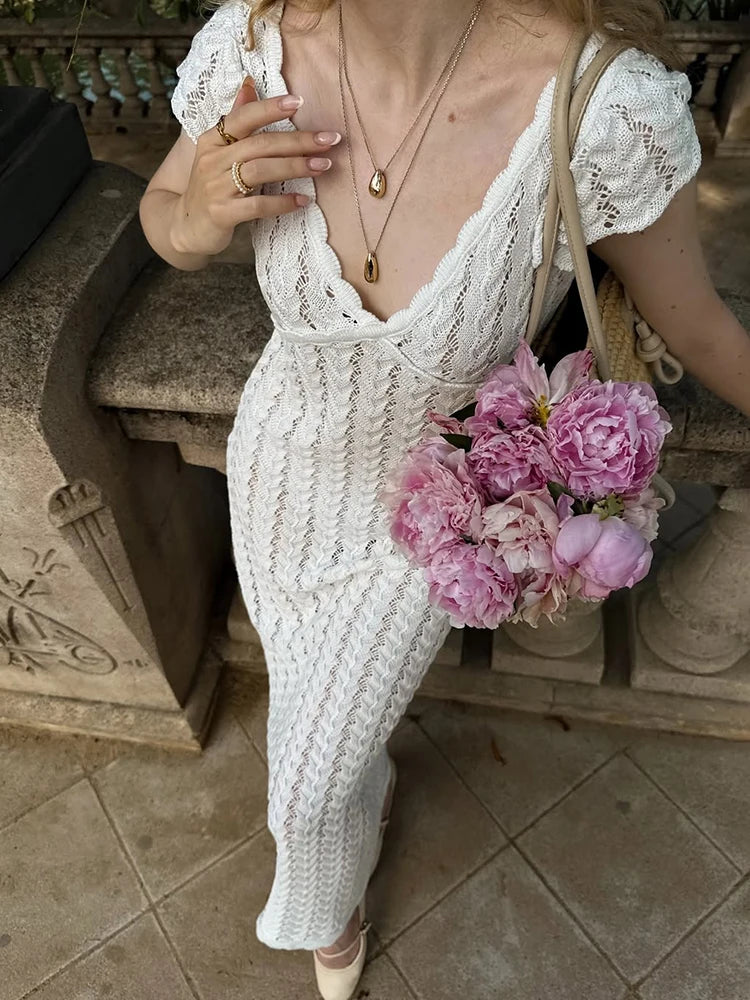 Women’s Ruffle Knit Long Dress – Sexy V-Neck Backless Evening Dress
