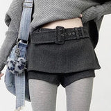 Women’s Low-Rise Tweed Skort with Belt | Gray Retro A-Line Wrap Skirt