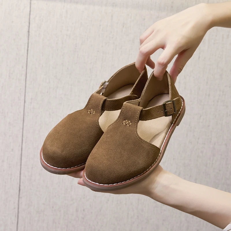 Damen Sandalen aus echtem gefrostetem Leder im Römerstil – Retro-Baotou-Flats mit Hohlmuster