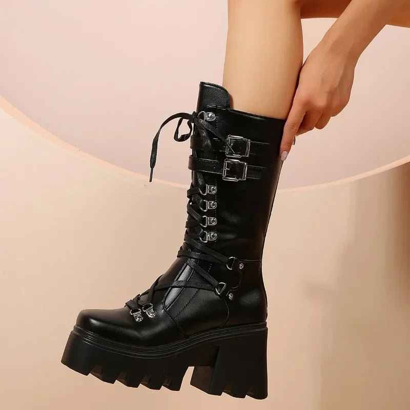 Women’s Solid Black Platform Wedge Mid-Calf Boots