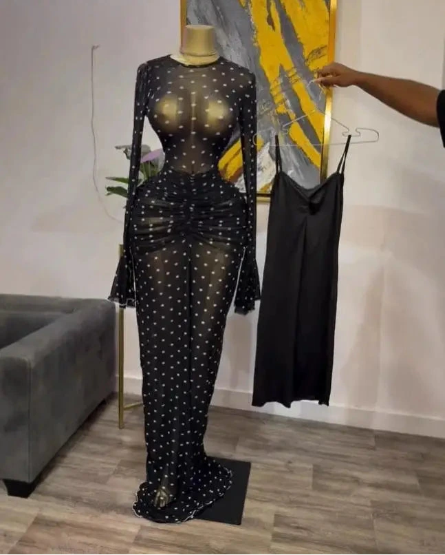 Damen gestapeltes Mesh-Bodycon-Kleid – sexy durchsichtiges Langarm-Abendkleid mit Futter