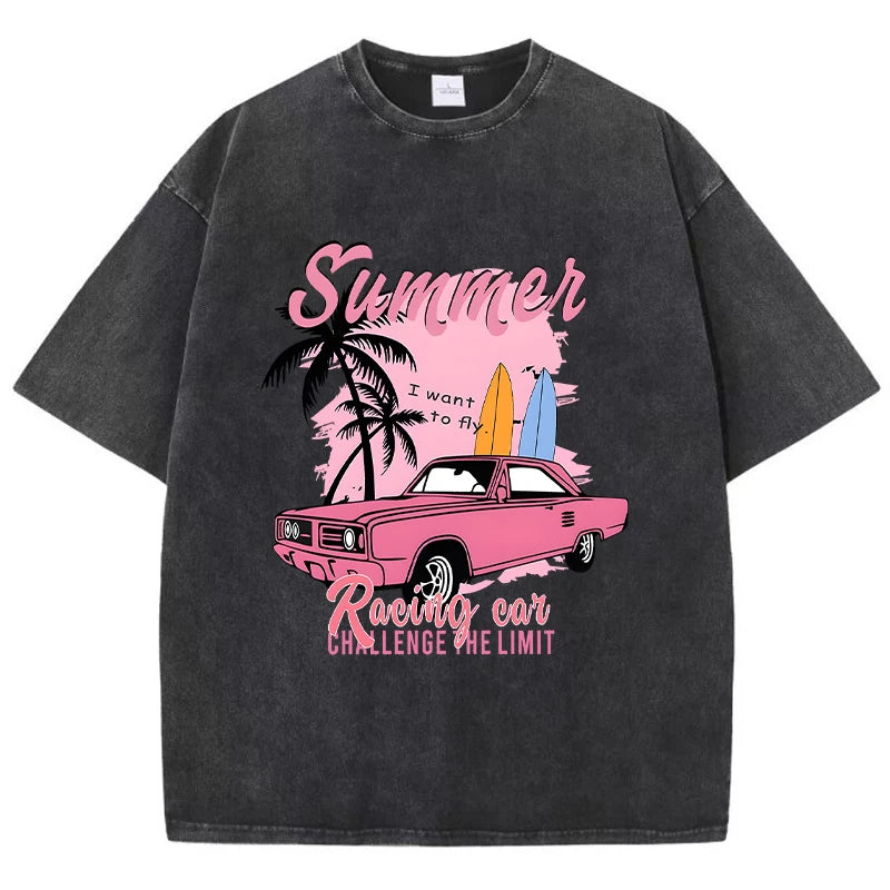 Racing Car Challenge Baumwoll-Used-T-Shirt | Vintage-Grafik-T-Shirt für Damen
