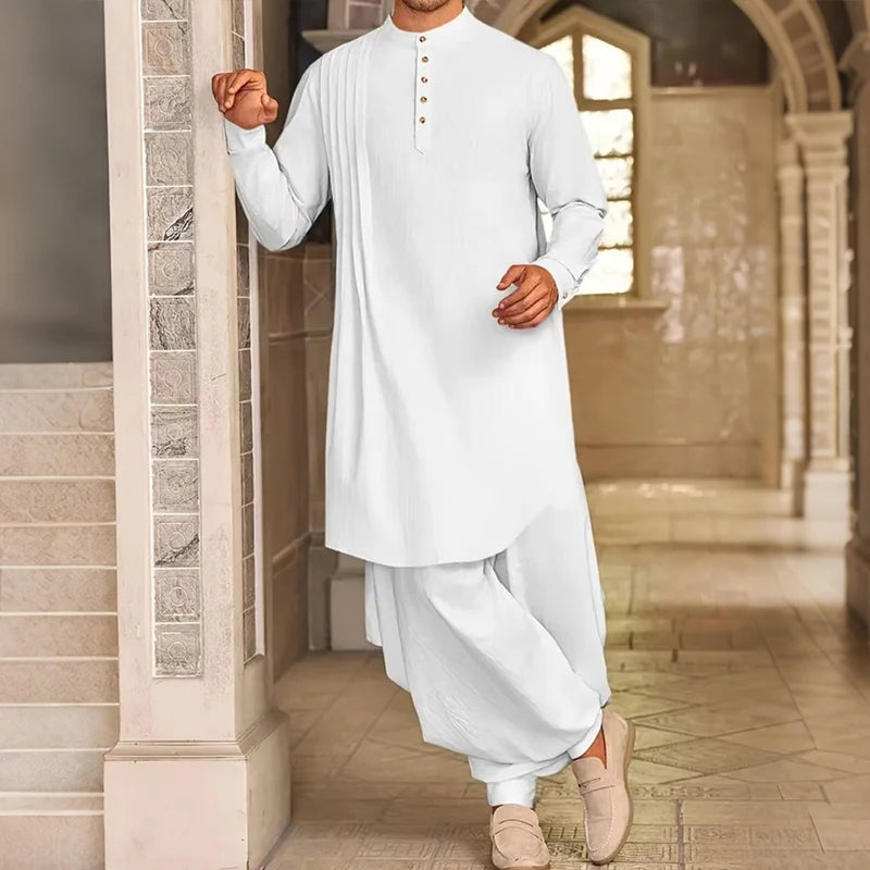 Herren-Hemd aus Baumwoll-Leinen im muslimischen Stil – Langarm, Stehkragen, Robe