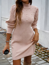 Women’s Pearl-Embellished Sweater Dress – Elegant Round Neck Long Sleeve Maxi