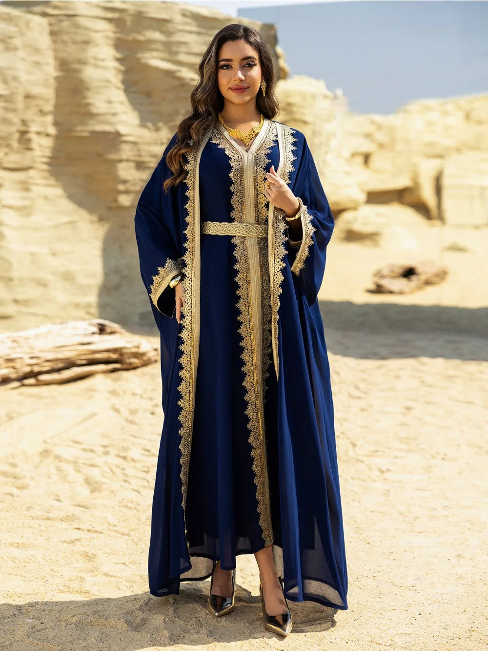 Muslim Women’s Open Cardigan with Inner Dress 2-Piece Set
