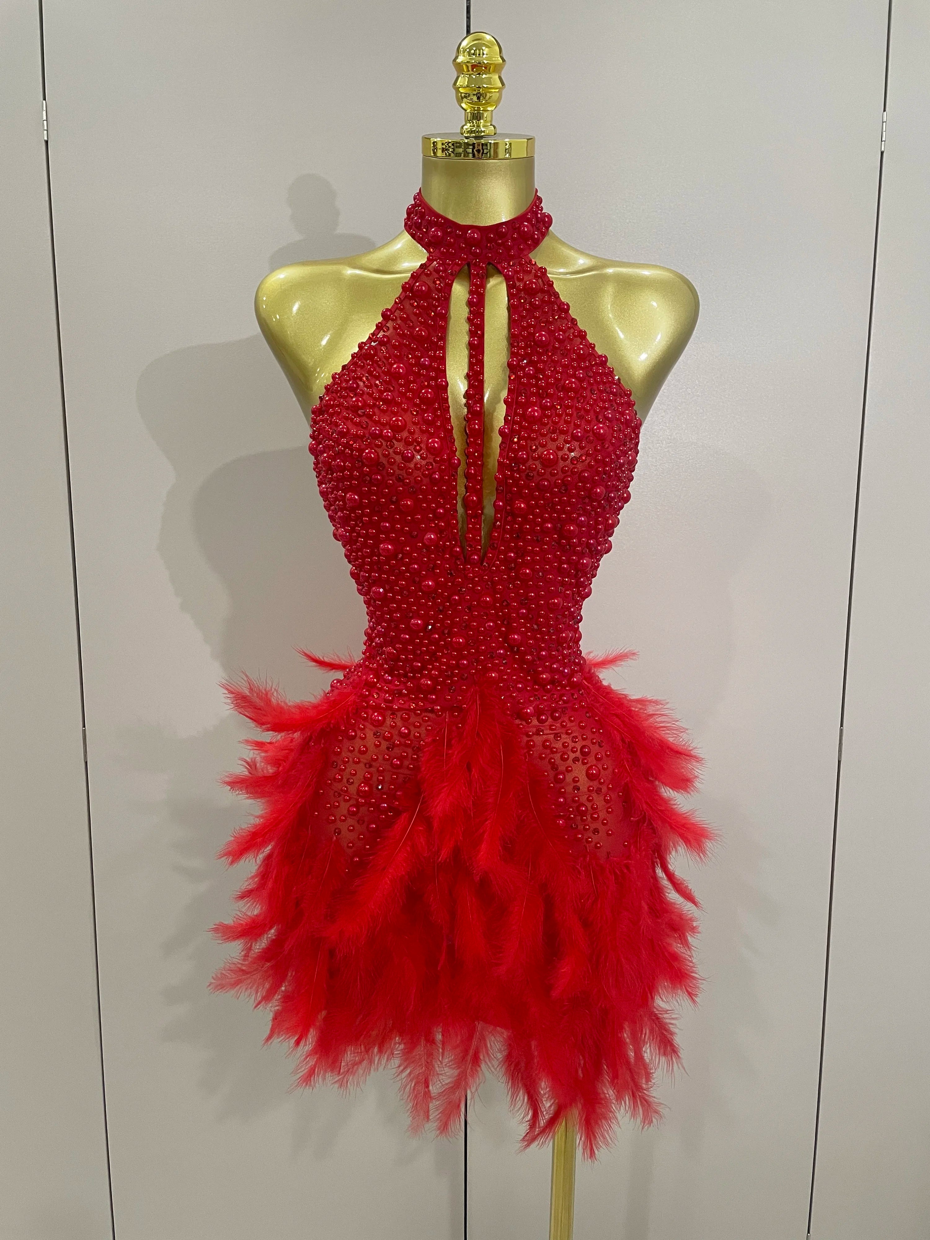 Luxury Women’s Rhinestone & Pearl Mini Dress – Sexy Feather Halter Backless Gown