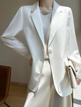 Korean Fashion V-Neck Loose Top Blazer: Single Button Silk Satin Suit Jacket
