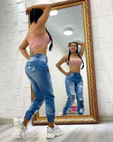 Bedruckte Distressed-Damenjeans – Knöchellange Bleistifthose mit Destroyed-Details, schmal geschnittene High-Waist-Jeans
