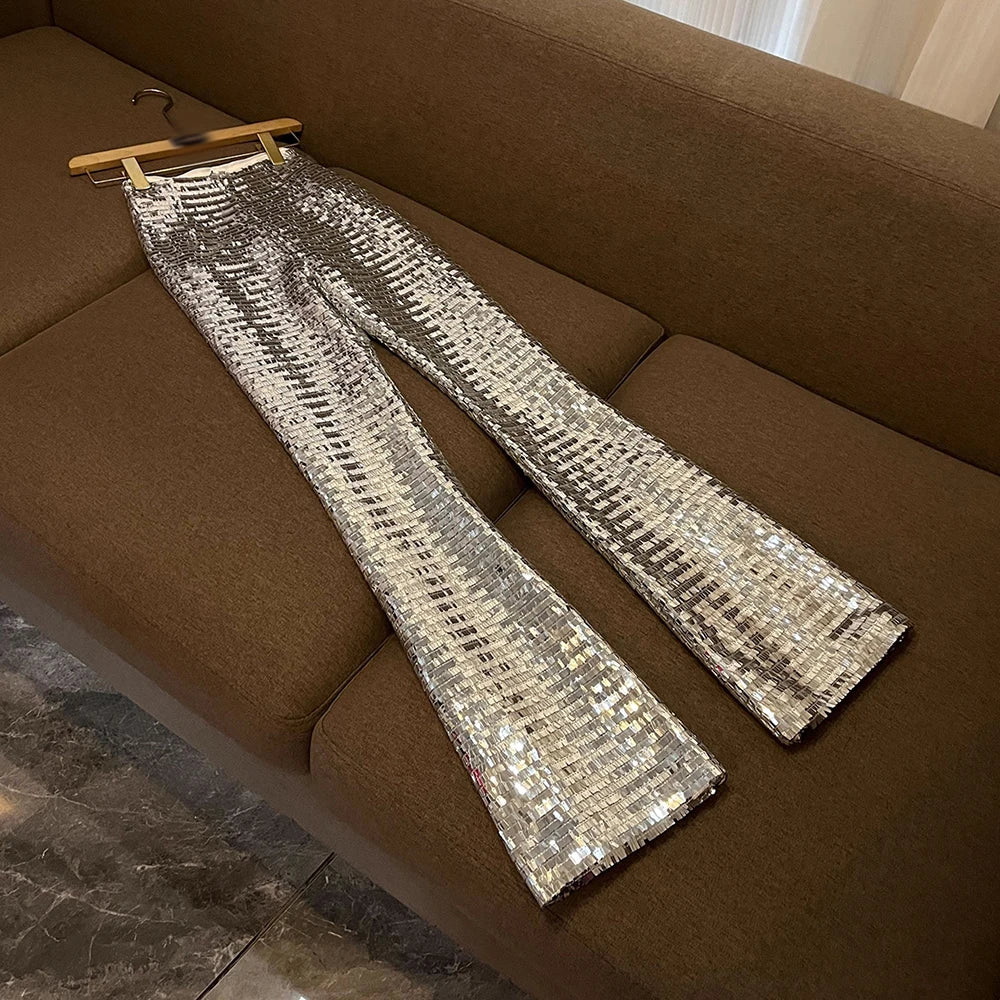 Silver Sequin 2-Piece Set for Women – Elegant Lapel Long Sleeve Top & High Waist Pants