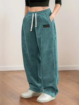 Women's Corduroy Pants Texture Straight-Leg Trousers with Drawstring Waist & White Piping