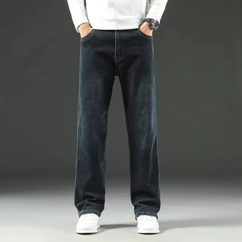Men's High Waist Business Jeans | Classic Navy Blue Stretch Slim Denim