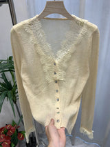 Women’s Elegant Lace Patchwork Cardigan – Chic V-Neck Slim Knit Sweater