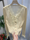 Women’s Elegant Lace Patchwork Cardigan – Chic V-Neck Slim Knit Sweater