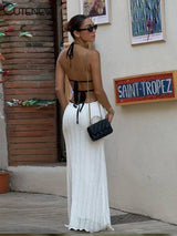Classic Knit Halter Maxi Dress – Deep V-Neck Backless Bandage Gown