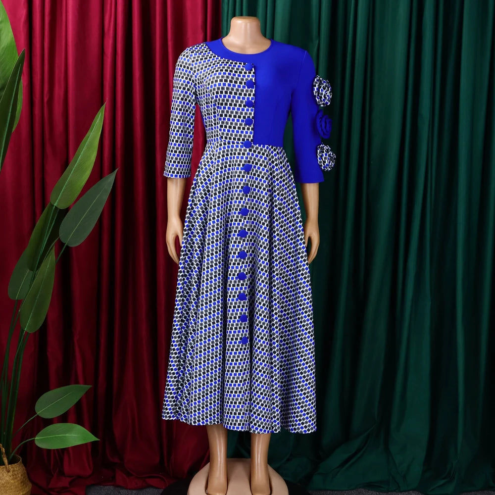 Elegantes Damen-A-Linien-Kleid mit 3D-Blumen – Herbstmode, afrikanisches Abendkleid mit Karomuster