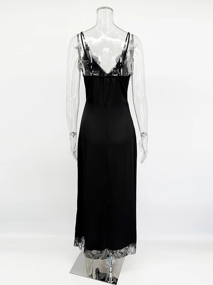 Women’s Sexy Lace Long Dress – Sleeveless Backless Slit Evening Gown
