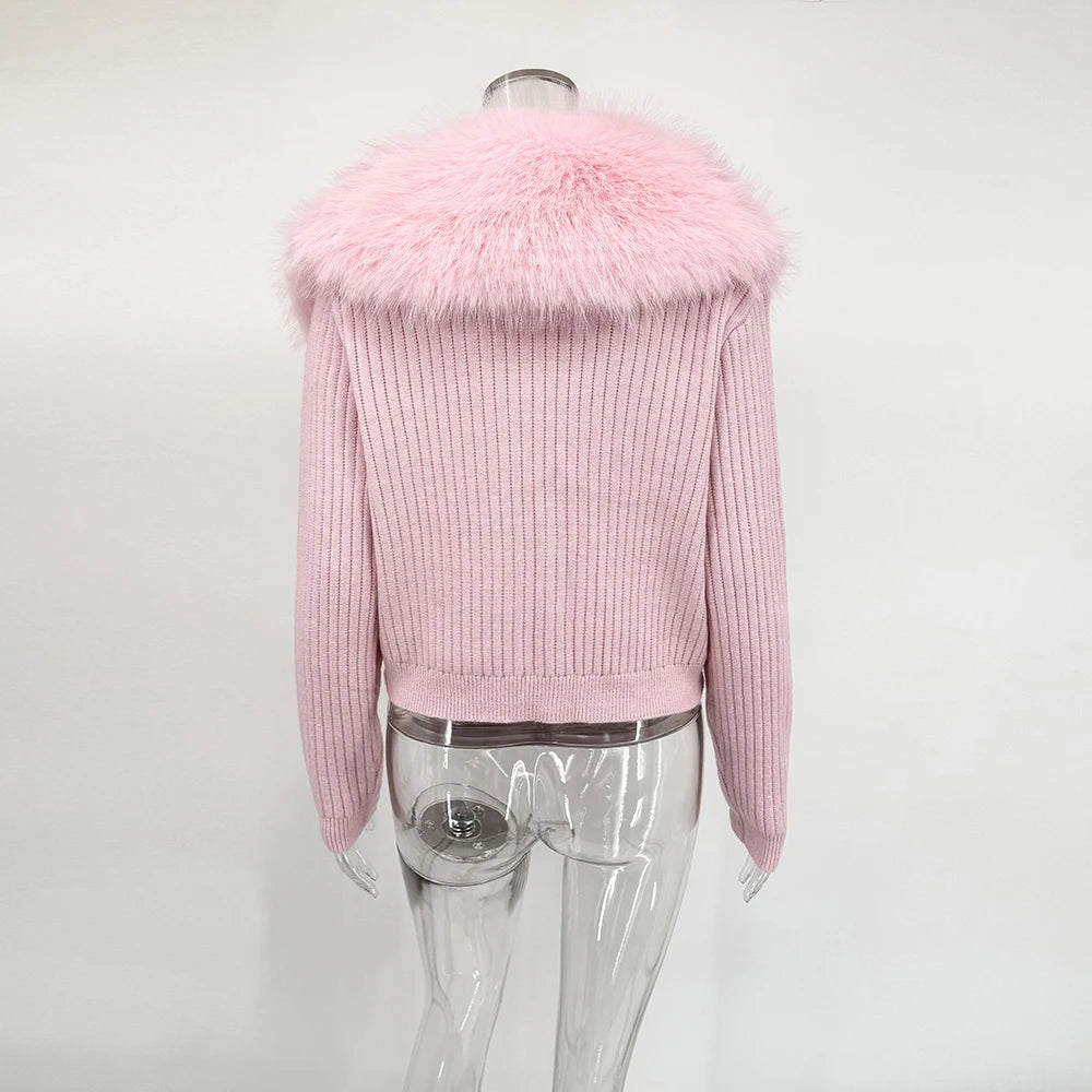 Eleganter Kunstpelzmantel für Damen – Warme, gepolsterte, schmal geschnittene Strickjacke, langärmelige Winterjacke mit Kragen