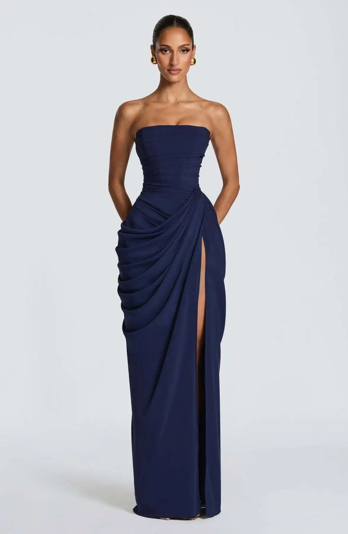 Women’s High Split Strapless Ruched Maxi Dress