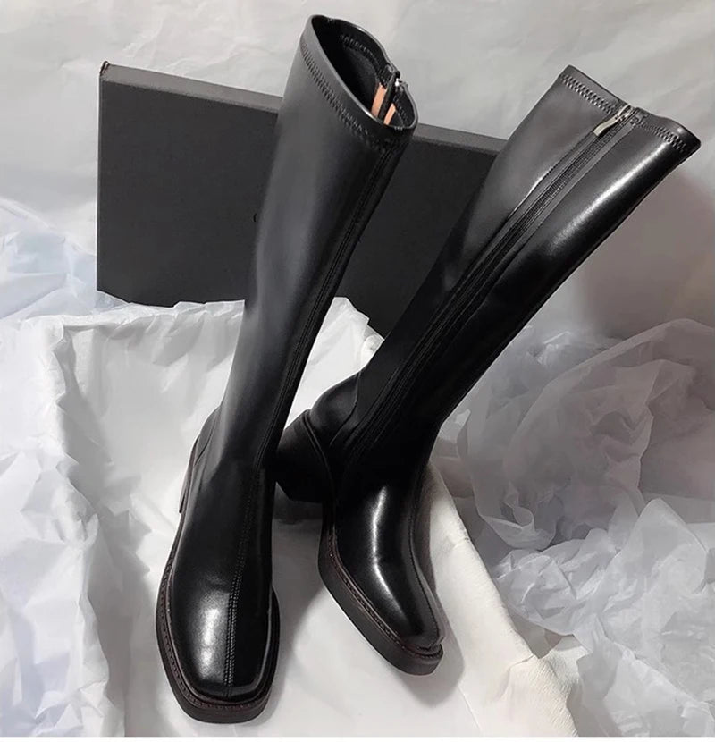 Women Vintage Knee-High Block Heel Boots with Side Zipper